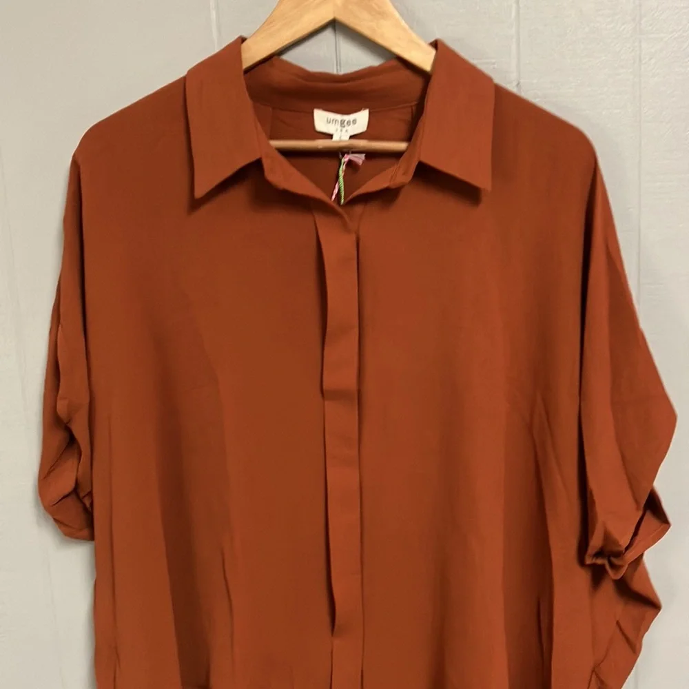 NWT Umgee Women's Rust Top Large Oversized Short Sleeve Button Up New With Tags - Picture 2 of 9